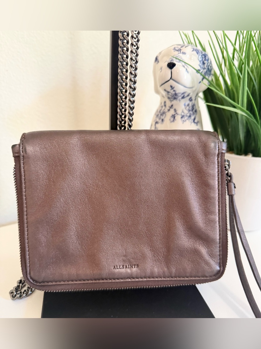 AllSaints Club Mini Crossbody in Bronze Metallic